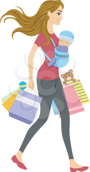 Illustration of a Woman with a Baby Carrier Strapped to Her Chest Carrying Shopping Bags