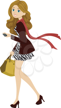Illustration of a Female Student Wearing Fashionable Clothes Out on a Walk