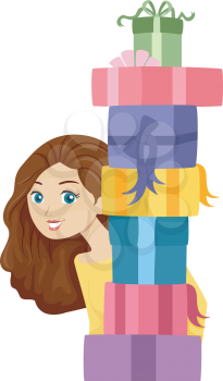 Illustration of a Girl Carrying a Tall Stack of Gifts