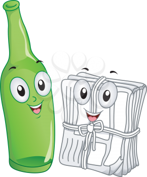 Mascot Illustration of a Glass Bottle and a Stack of Newspaper