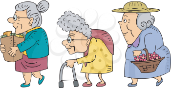 Illustration of Elderly Women Walking in a Line