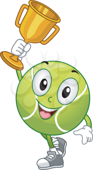 Mascot Illustration Featuring a Lawn Tennis Ball Holding a Gold Trophy