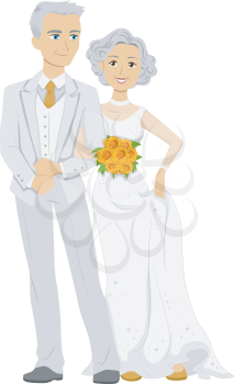 Illustration of an Elderly Couple Wearing a Bridal Gown and a Tuxedo on Their Golden Wedding Anniversary