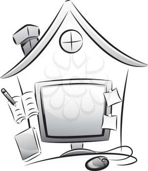 Icon Illustration Featuring a Computer Monitor and a Miniature House Depicting a Home-based Job
