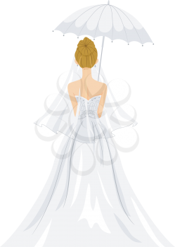 Back View Illustration of a Lovely Bride in Her Wedding Gown Standing Under a White Umbrella
