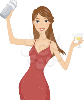 Illustration of a Girl in a Red Dress Holding a Cocktail in One Hand and a Cocktail Shaker in the Other