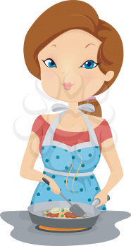 Illustration of a Girl Wearing an Apron Frying Some Food
