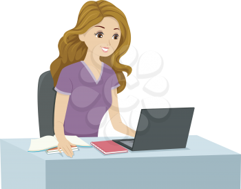 Illustration of a Studying Girl Reading Something on Her Laptop