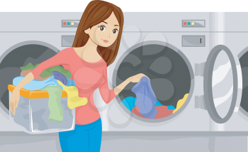 Illustration of a Girl Placing Laundry in a Washing Machine at a Laundromat