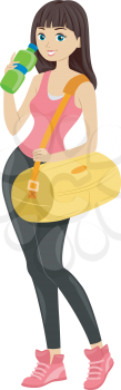 Illustration of a Girl in Workout Clothes Drinking Water from a Water Bottle