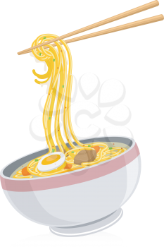 Illustration of a Bowl of Noodles with a Pair of Chopsticks Hovering Above