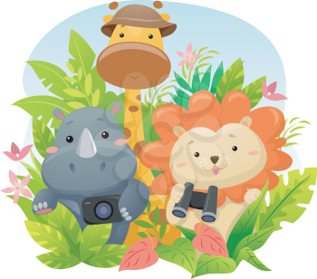 Illustration Featuring Cute Safari Animals on a Jungle Adventure