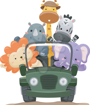 Illustration Featuring Cute Safari Animals on a Road Trip