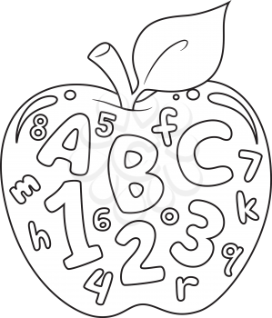 Coloring Book Illustration Featuring an Apple with Numbers and Letters Printed on it