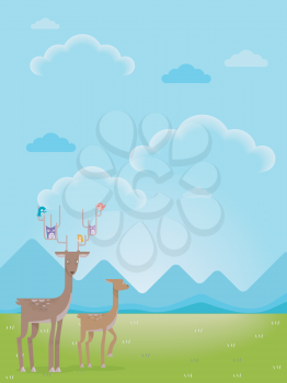 Background Illustration Featuring a Pair of Deers with birds in a Mostly Empty Field
