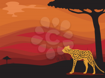 Background Illustration Featuring a Cheetah Framed by the Silhouette of a Savanna