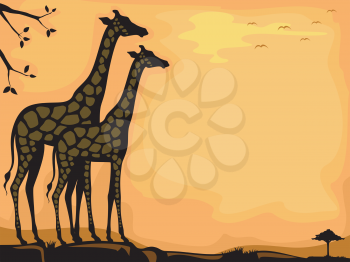 Background Illustration Featuring the Silhouettes of a Pair of Giraffe Framed by a Savanna
