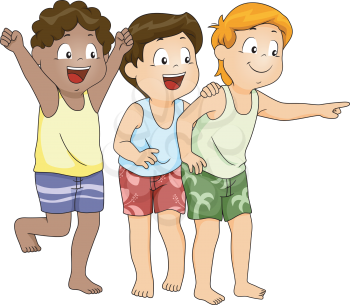 Illustration of Little Boys in Beachwear Pointing at Something