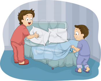 Illustration of Two Little Boys Making Their Bed