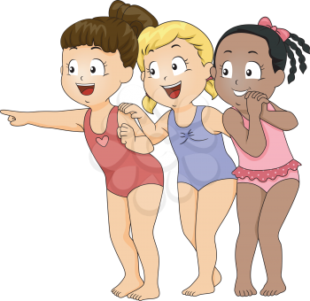 Illustration of Little Girls in Bathing Suits Pointing at Something