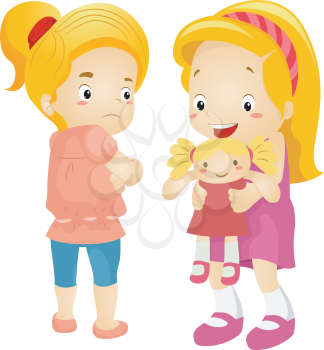 Illustration of a Little Girl Jealous Over Her Playmate's New Doll