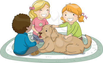 Illustration of Kids Petting a Dog