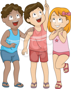 Illustration of Kids in Beachwear Looking Upwards