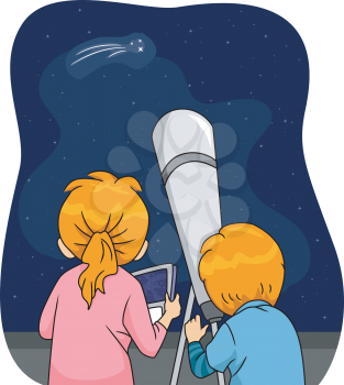 Illustration of Kids Using a Telescope to Observe a Comet