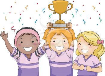 Illustration Featuring a Group of Smiling Girls Showing Off Their Trophy