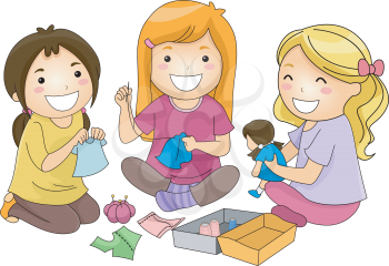 Illustration of a Group of Girls Sewing Clothes for Their Dolls