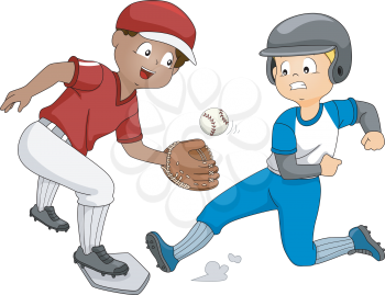 Illustration Featuring a Boy Trying to Reach the Base Before the Other Catches the Ball