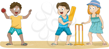 Illustration of a Group of Kids Playing Cricket at the Beach