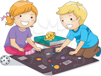 Illustration Featuring a Boy and a Girl Studying Planets Together