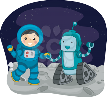 Illustration Featuring a Kid Dressed as an Astronaut Dancing with a Space Robot
