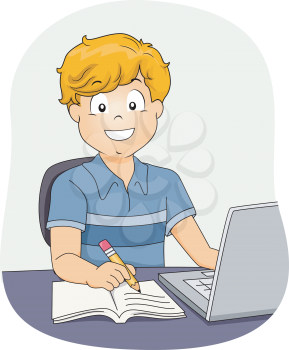Illustration Featuring a Little Boy Using His Laptop While Working on His Assignment