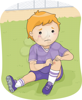 Illustration of a Little Football Player Checking His Injured Knee