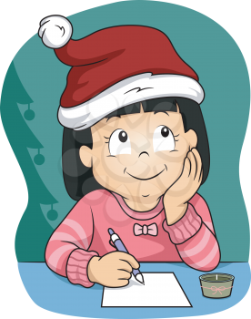 Illustration of a Little Girl  Wearing a Christmas Hat Writing Her Christmas Wish List
