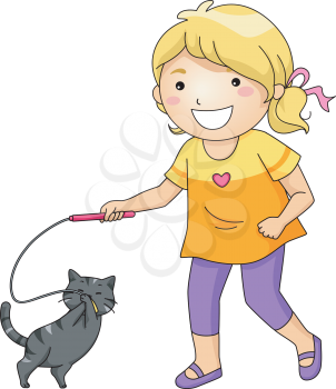 Illustration Featuring a Little Girl Playing with Her Pet Cat
