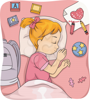 Illustration of a Sleeping Girl Surrounded by Learning Materials
