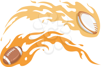 Illustration Featuring a Football and a Rugby Ball Covered in Flames