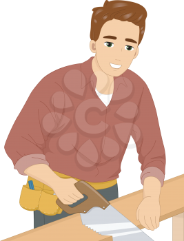 Illustration of a Man Cutting a Piece of Wood with a Hand Saw