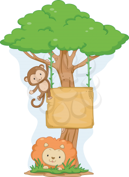Board lllustration Featuring a Lion Lying on the Ground and a Monkey Swinging from a Tree