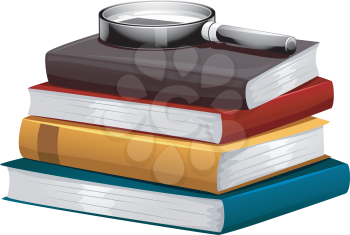 Illustration of a Stack of Books with a Magnifying Glass on Top