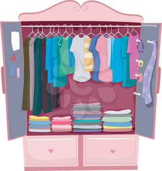 Illustration of a Pink Wardrobe Full of Women's Clothes