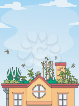 Illustration of a House with a Well-Maintaned Garden on the Rooftop