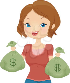 Illustration of a Pretty Girl Carrying Cash Bags