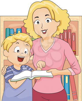 Illustration of a Mother and Her Son Buying Books in the Bookstore Together