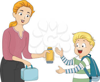 Illustration of a Mother Giving Her Son His Packed Lunch