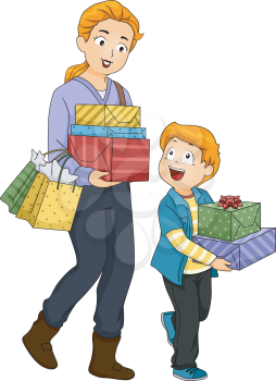 Illustration of a Mother and Son Shopping for Gifts