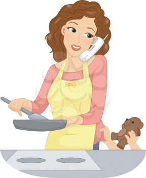 Illustration of a Mother Handling Multiple Tasks at the Same Time